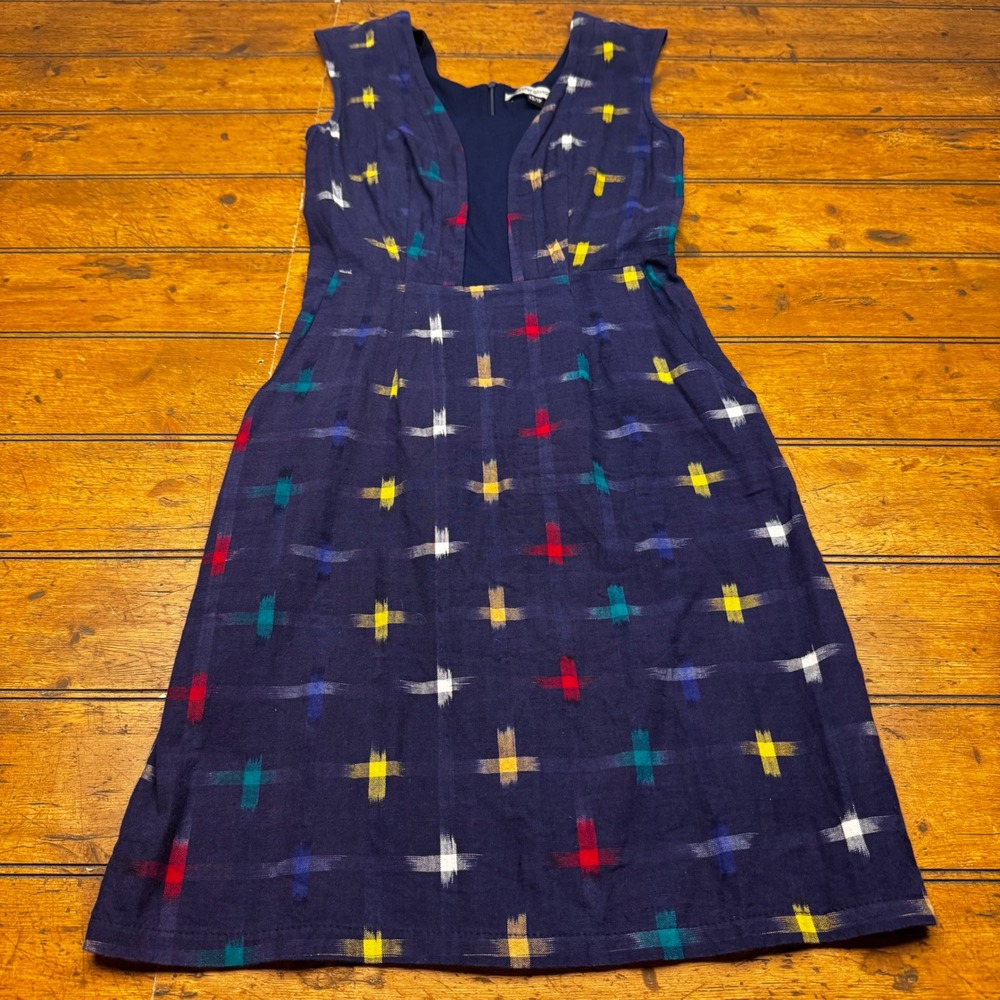 Jennifer Glasgow Navy Cotton Ikat Cross Print Sleeveless Pocket Dress XS TP